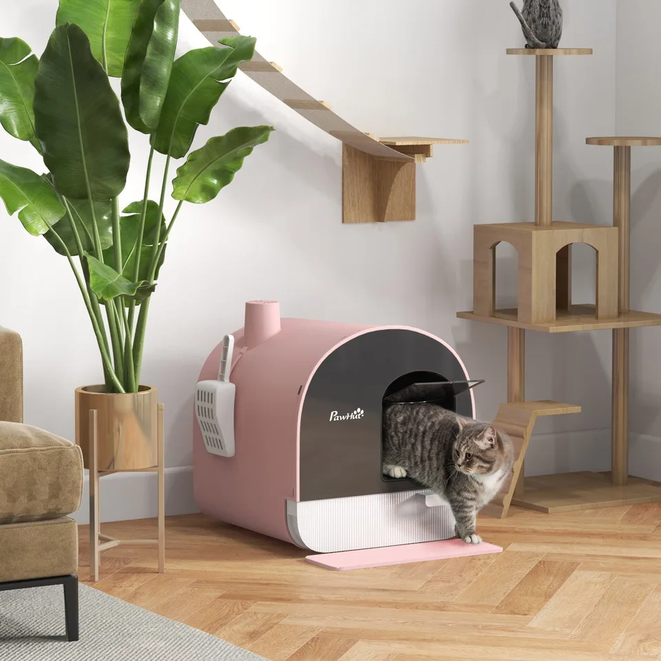 Cat Litter Box with Lid with Scoop and Filter, Pink