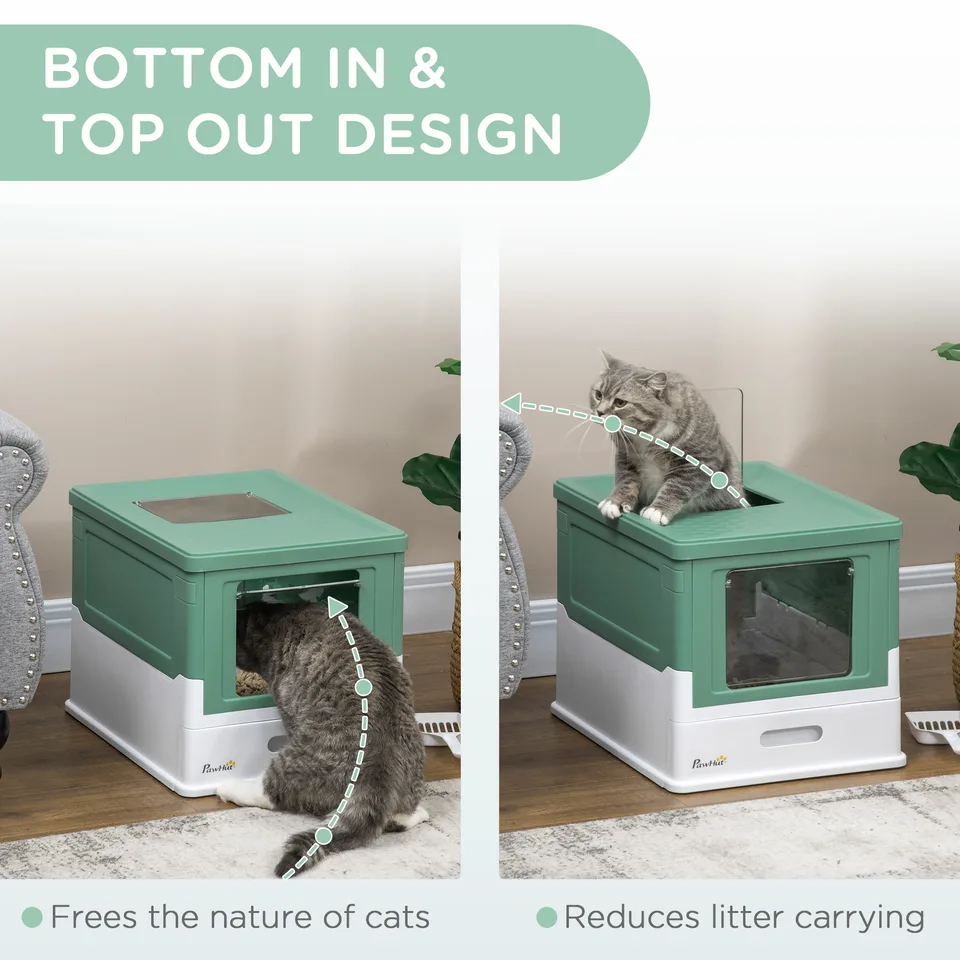 Fully Enclosed Cat Litter Box with Front Entry and Top Exit, Plastic, Green & White view 4