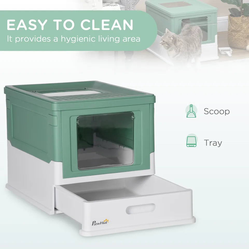 Fully Enclosed Cat Litter Box with Front Entry and Top Exit, Plastic, Green & White view 3