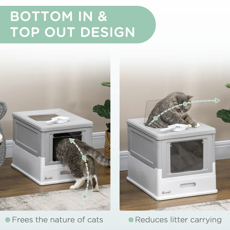 Fully Enclosed Cat Litter Box with Front Entry and Top Exit, Plastic, Gray & White view 3
