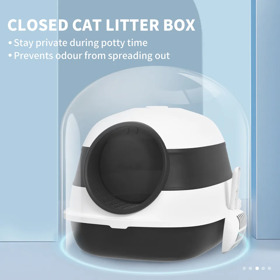 Dome Covered Cat Litter Box with Lid, White and Black view 2