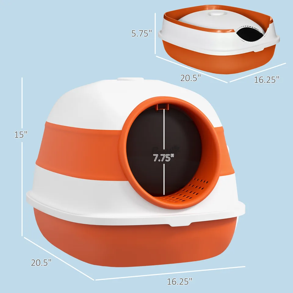 Dome Covered Cat Litter Box with Lid, White and Orange view 2