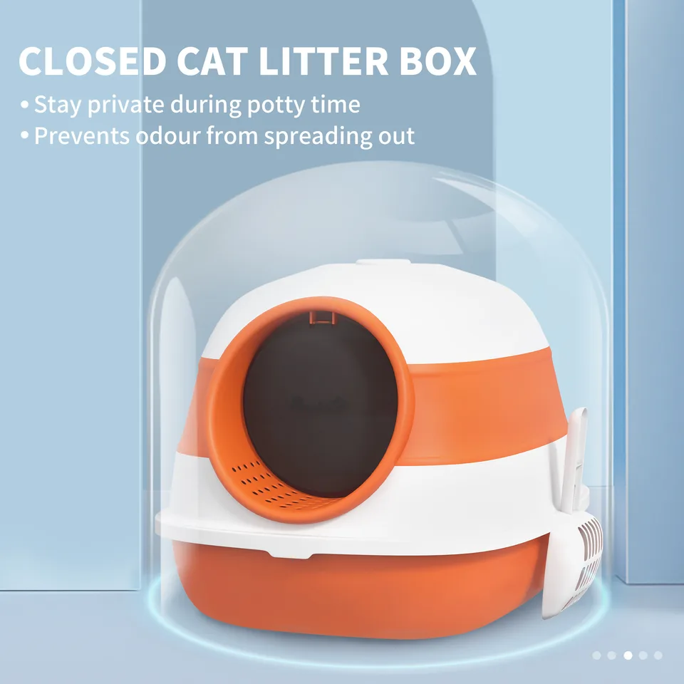Dome Covered Cat Litter Box with Lid, White and Orange view 4