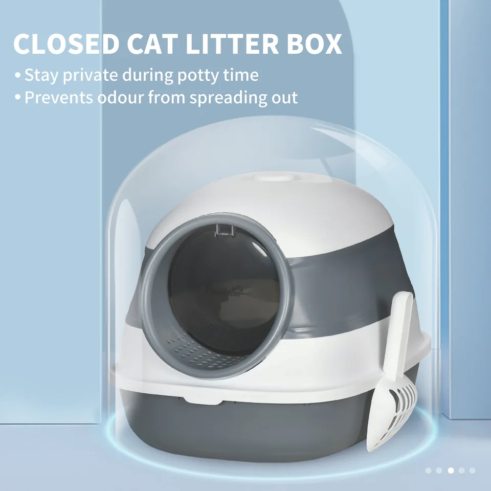 Dome Covered Cat Litter Box with Lid, White and Gray view 2