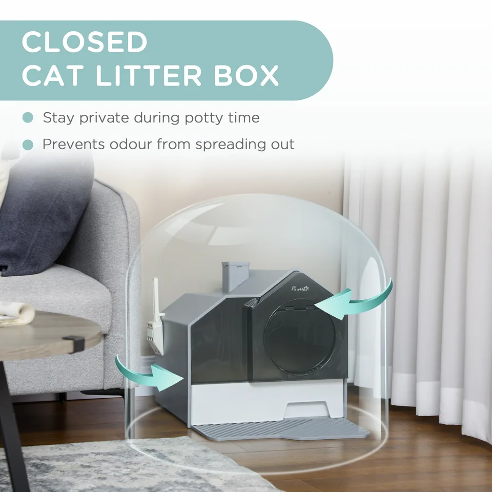Hooded Cat Litter Box w/ Litter Mat, Litter Particle Catching, Gray view 2