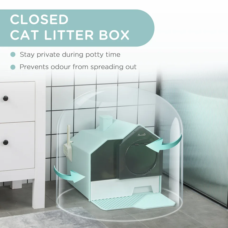 Hooded Cat Litter Box w/ Litter Mat, Litter Particle Catching, Light Blue view 3