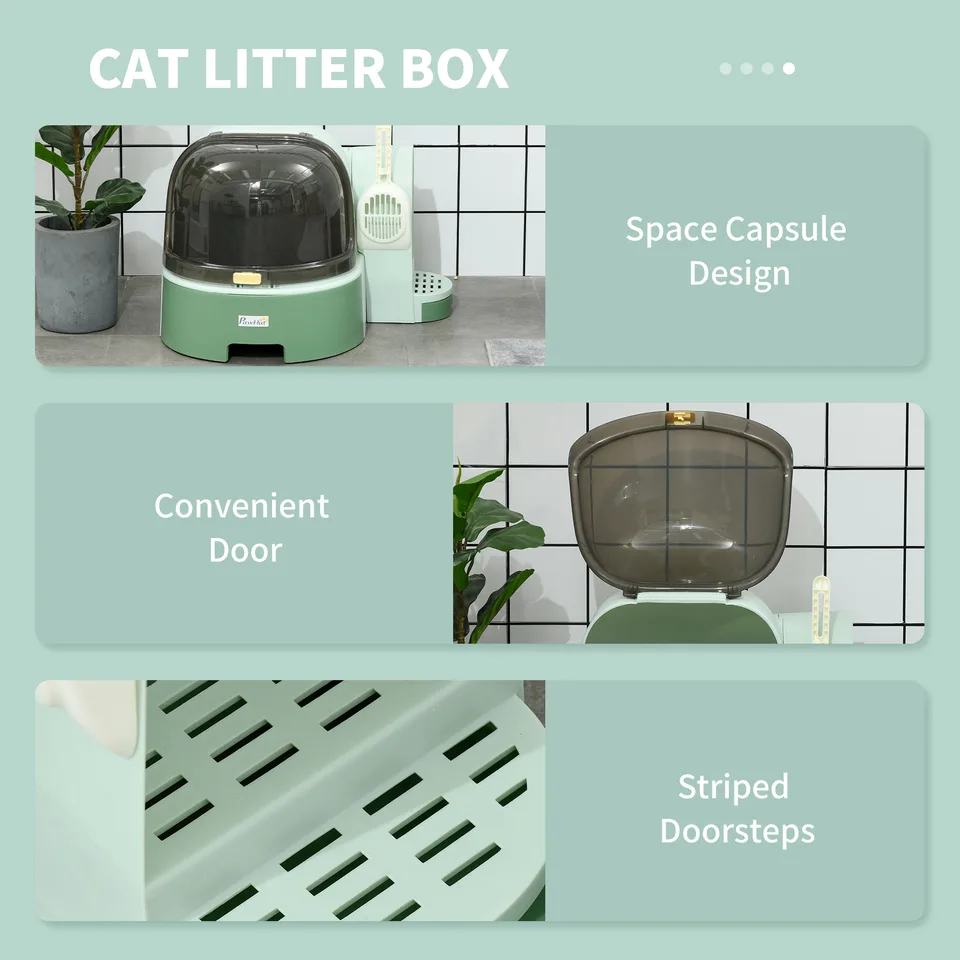 Cat Litter Box Easy to Clean Open with Scoop, Green view 2