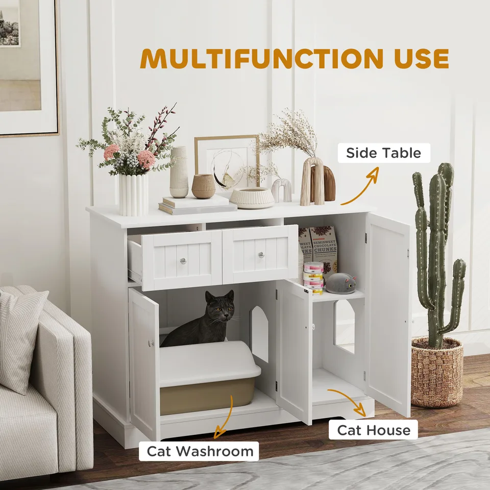 Cat Litter Box Enclosure with Drawers, Storage, Anti-tip Kit, 39" x 18" x 31.5", White view 2