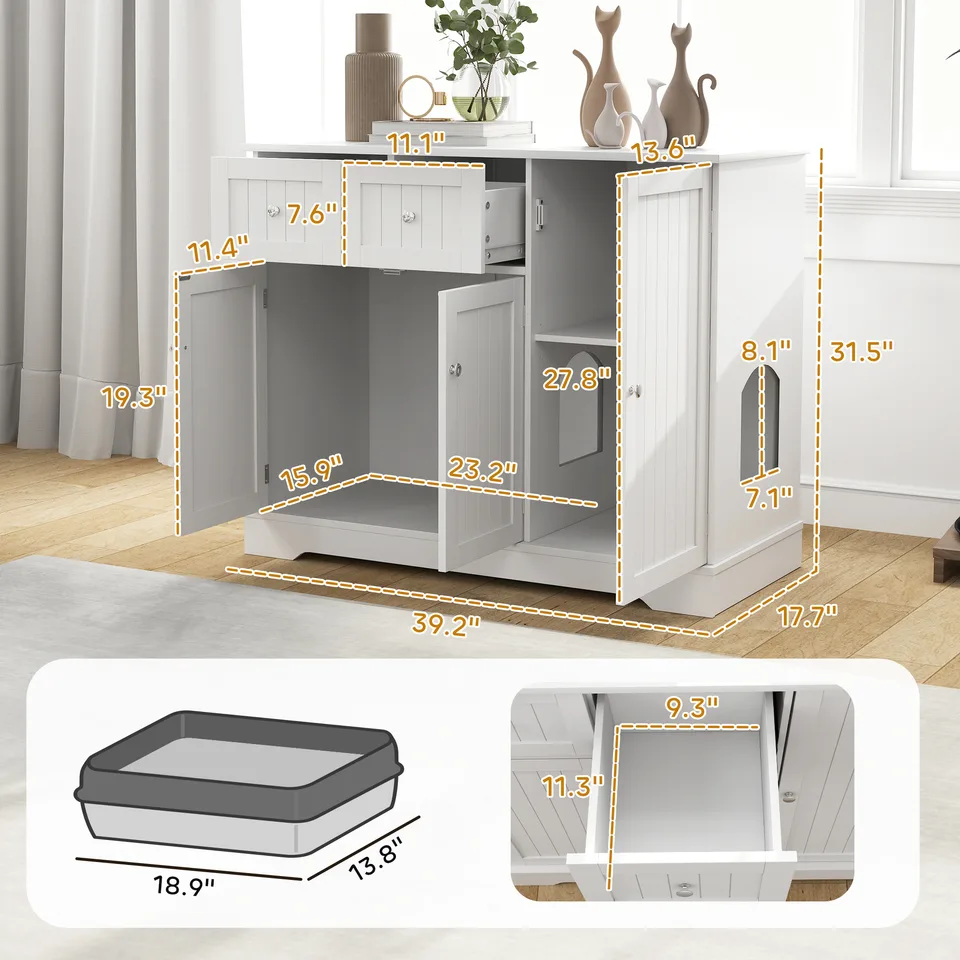 Cat Litter Box Enclosure with Drawers, Storage, Anti-tip Kit, 39" x 18" x 31.5", White view 3