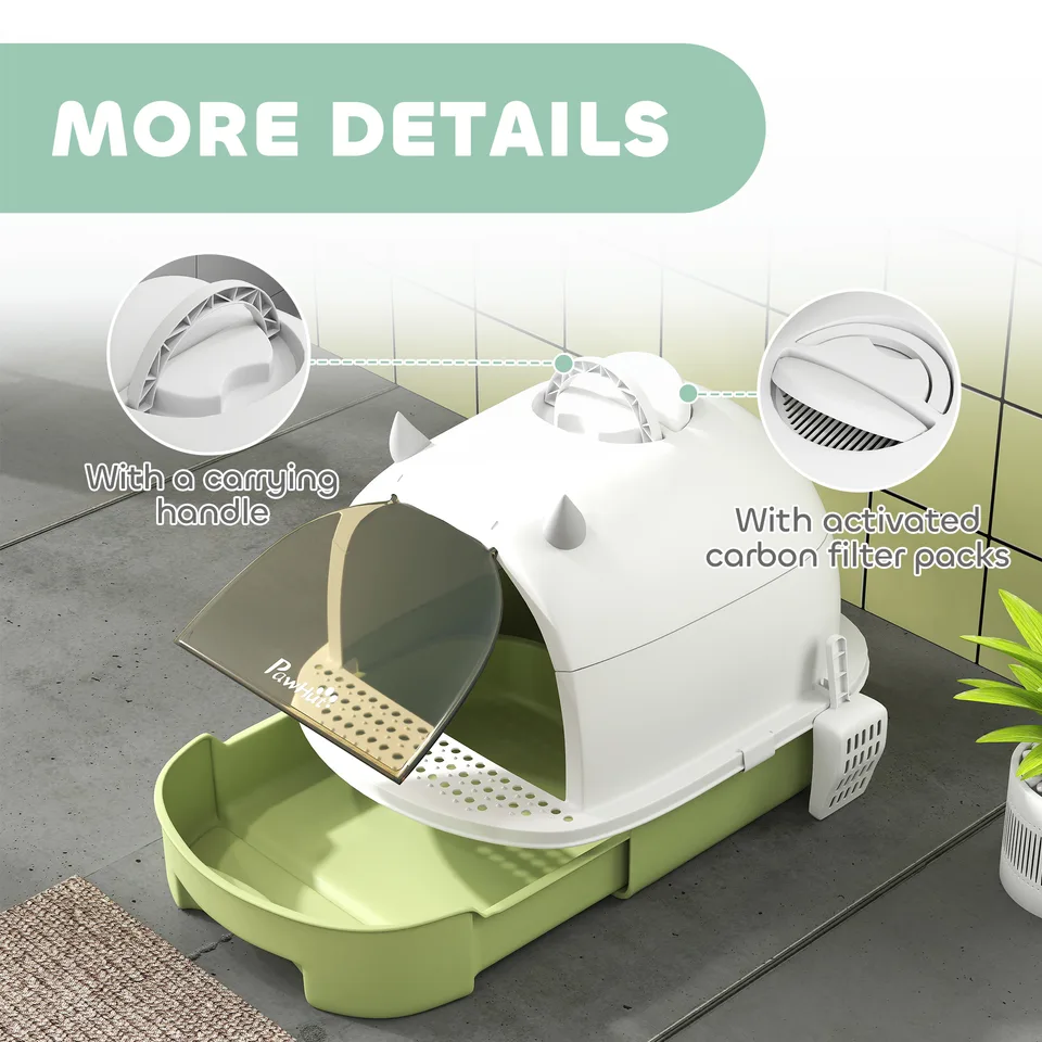 Covered Cat Litter Box with Lid, Scoop, Deodorizing Bags for Odor Control, Privacy, Easy to Clean, Green view 2