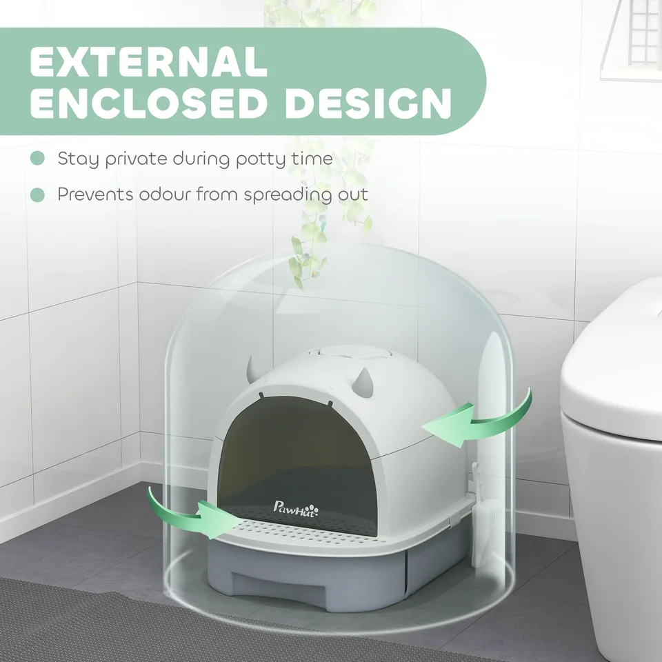 Covered Cat Litter Box with Lid, Scoop, Deodorizing Bags for Odor Control, Privacy, Easy to Clean, Gray view 3