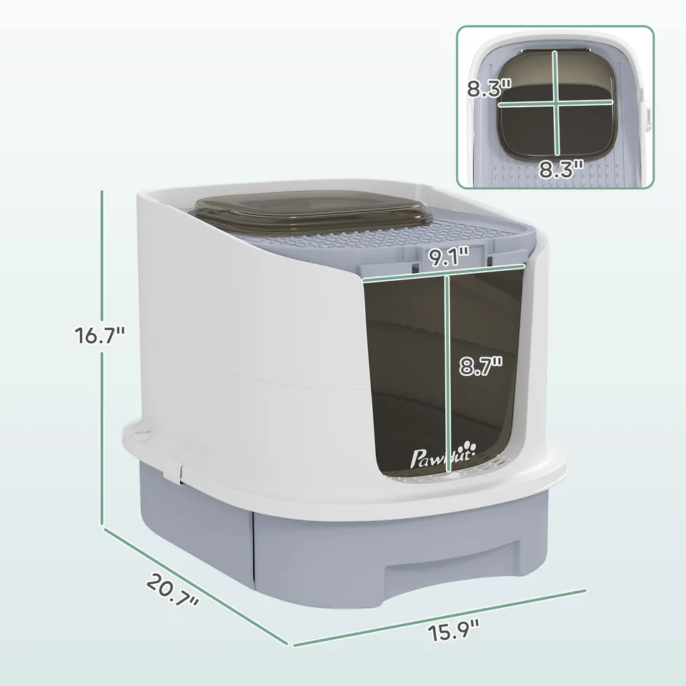Covered Cat Litter Box with Lid, Drawer, Scoop, Top Entry, Deodorizing Bags, Odor Control, Easy to Clean, Gray view 4