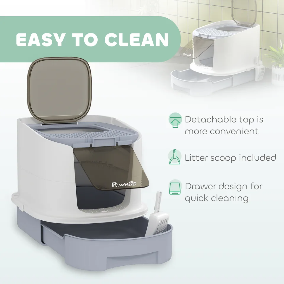 Covered Cat Litter Box with Lid, Drawer, Scoop, Top Entry, Deodorizing Bags, Odor Control, Easy to Clean, Gray view 2