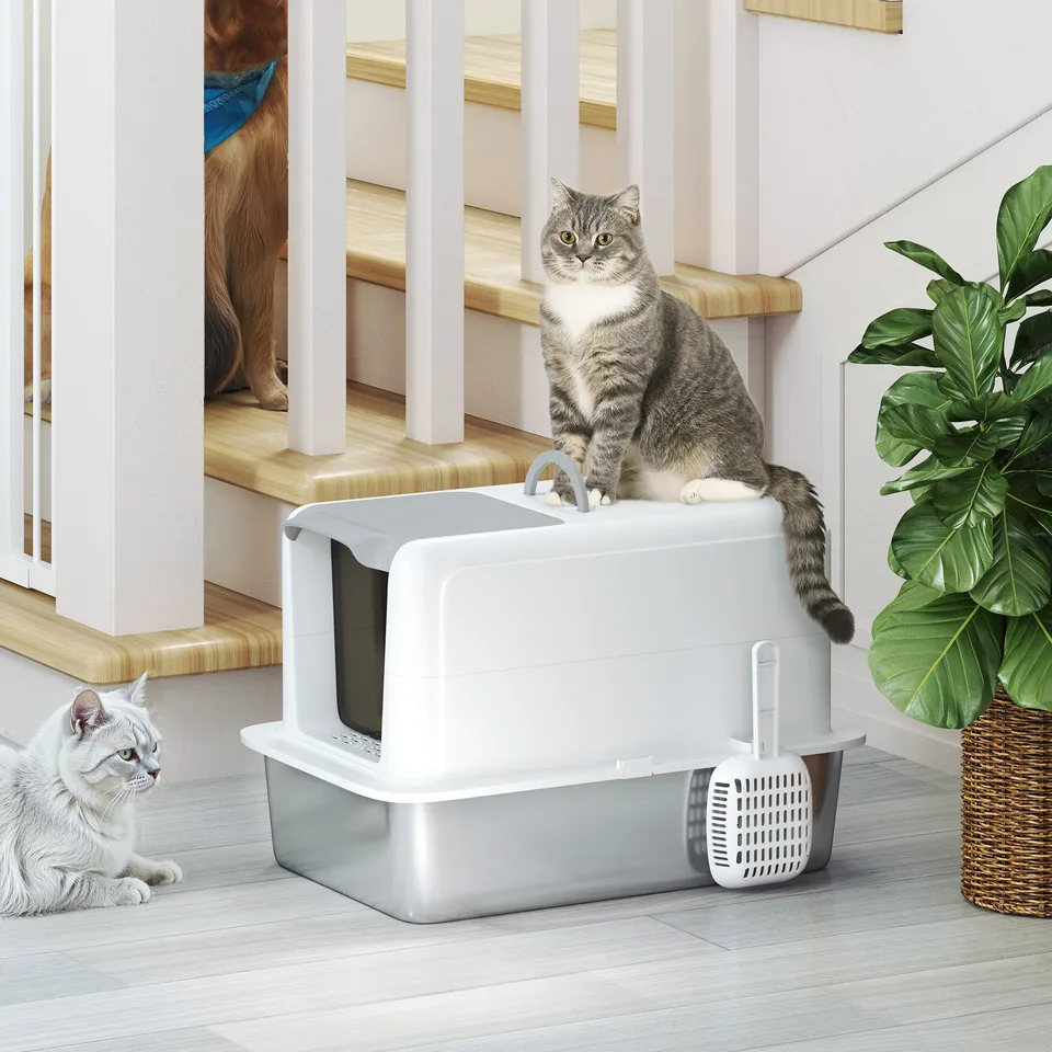 2 in 1 Stainless Steel Cat Litter Box with Removable Lid, Scoop, Filter Bags, for Small to Large Cats, White view 3