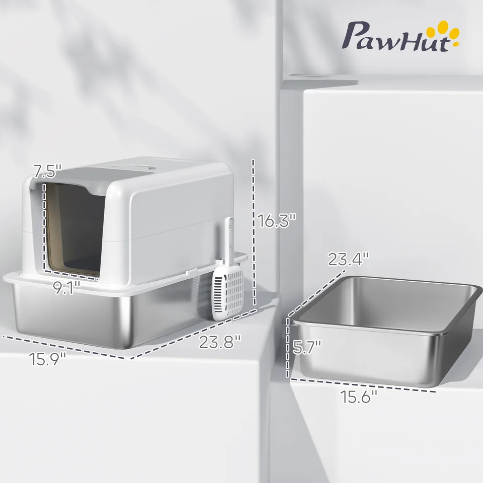 2 in 1 Stainless Steel Cat Litter Box with Removable Lid, Scoop, Filter Bags, for Small to Large Cats, White view 4