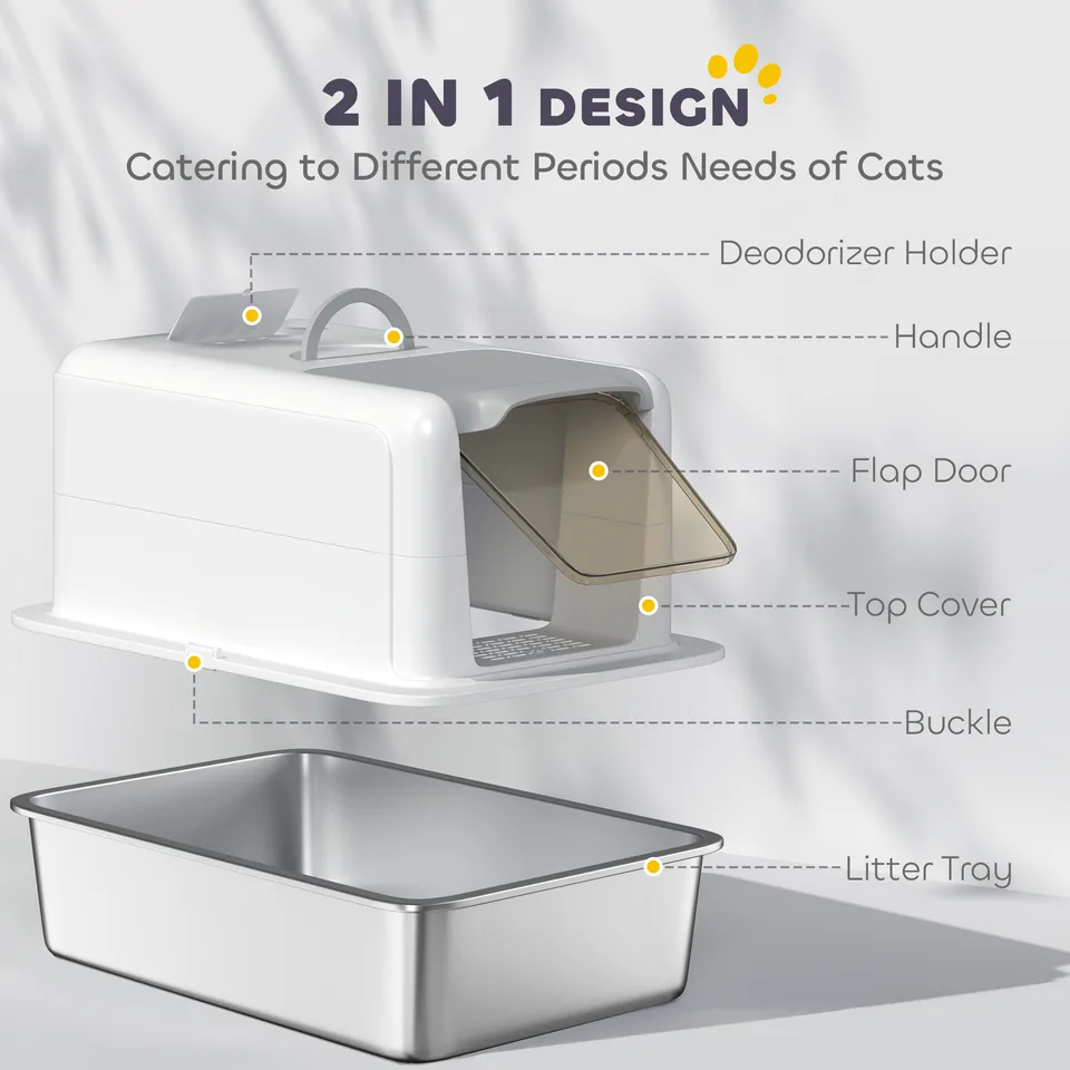 2 in 1 Stainless Steel Cat Litter Box with Removable Lid, Scoop, Filter Bags, for Small to Large Cats, White view 2