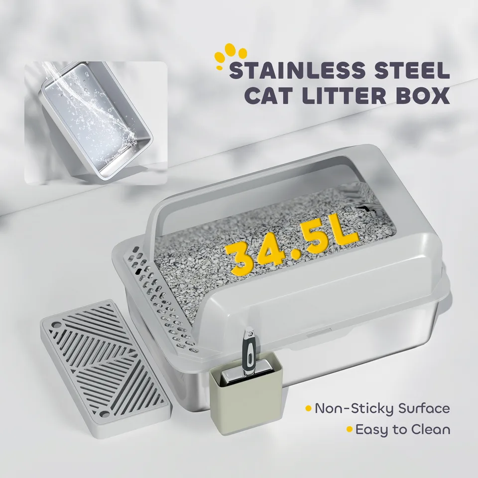 Stainless Steel Litter Box with Metal Scoop & Scoop Holder, High Sided, Anti-Urine Leakage, Non-Sticky view 3