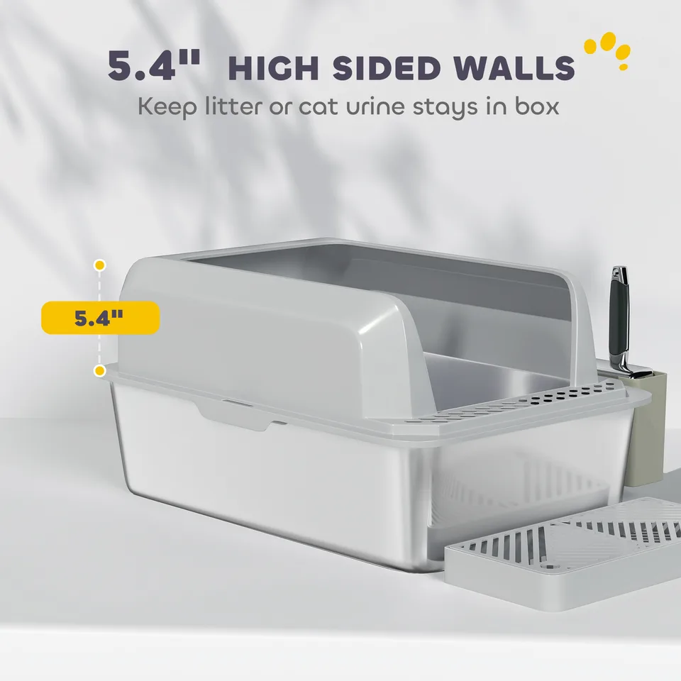 Stainless Steel Litter Box with Metal Scoop & Scoop Holder, High Sided, Anti-Urine Leakage, Non-Sticky view 2