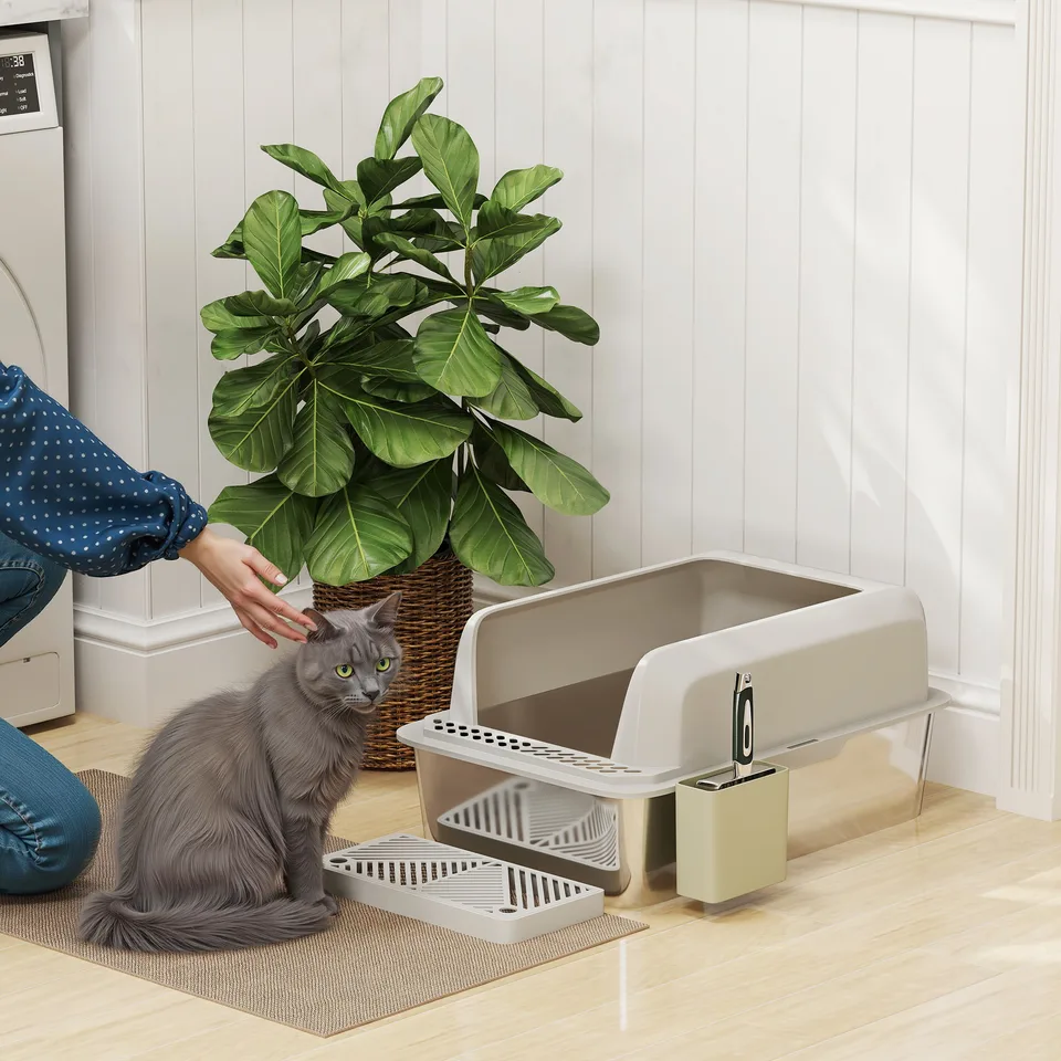 Stainless Steel Litter Box with Metal Scoop & Scoop Holder, High Sided, Anti-Urine Leakage, Non-Sticky