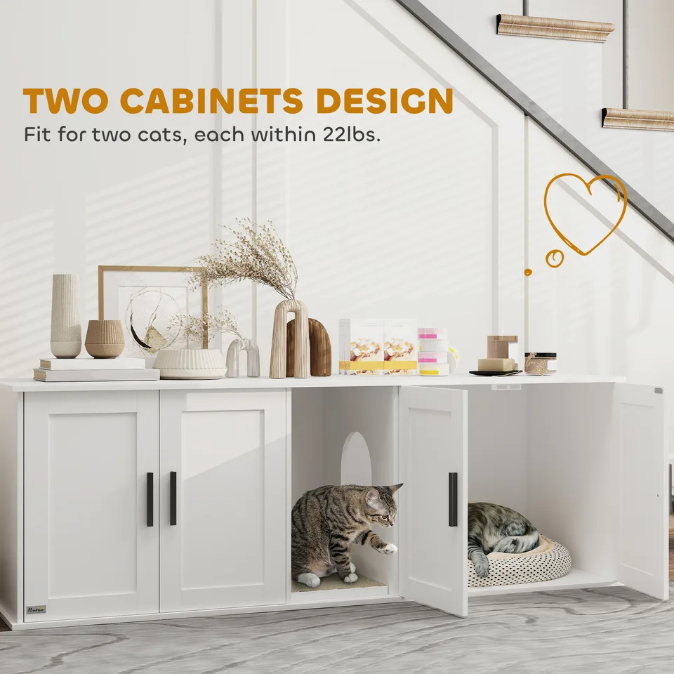 Cat Litter Box Enclosure with Double Room, Scratching Mat for 2 Cats, 57" x 19" x 20", White view 4