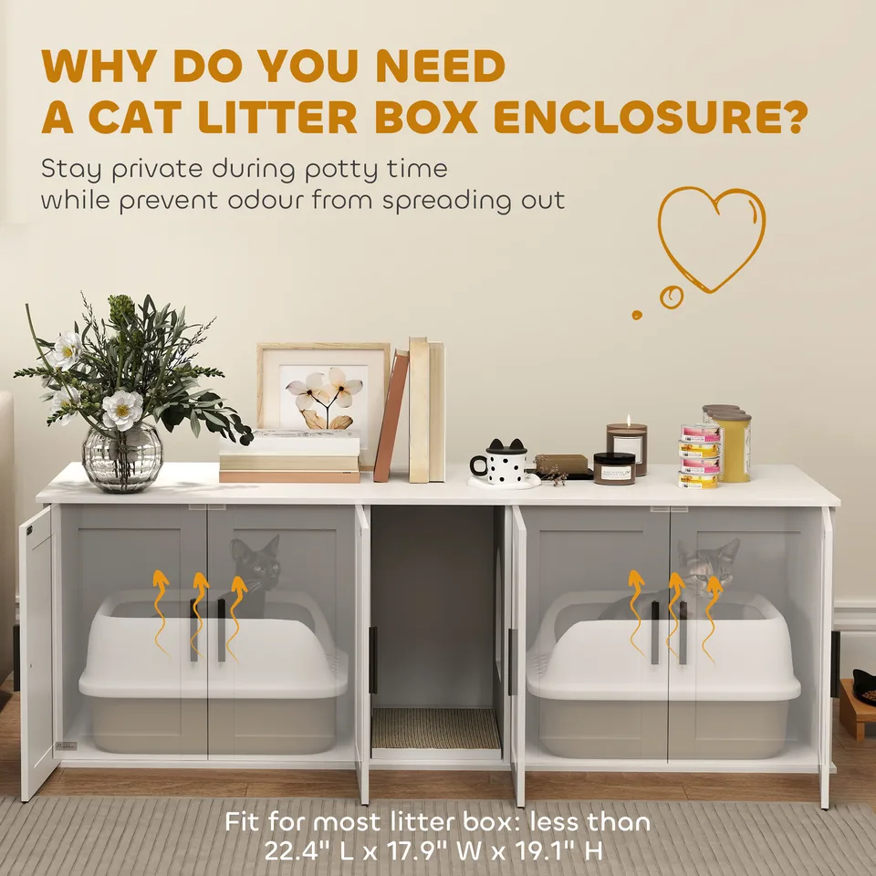 Cat Litter Box Enclosure with Double Room, Scratching Mat for 2 Cats, 57" x 19" x 20", White view 2