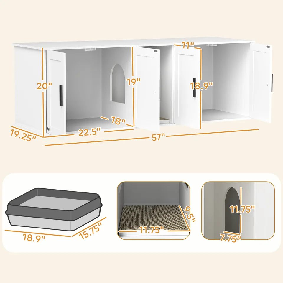 Cat Litter Box Enclosure with Double Room, Scratching Mat for 2 Cats, 57" x 19" x 20", White view 3