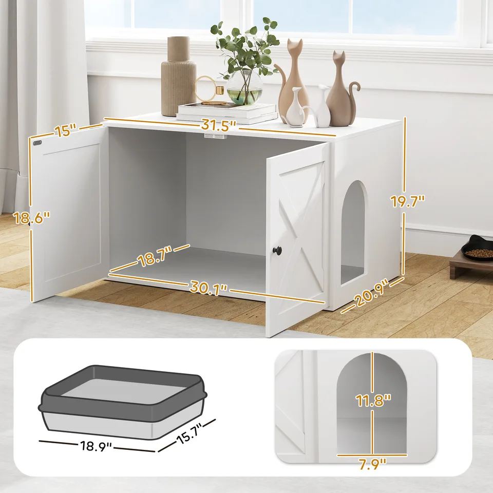 Cat Litter Box Enclosure with Barn Door, Cat Hole, 31.5" x 21" x 20", White view 3