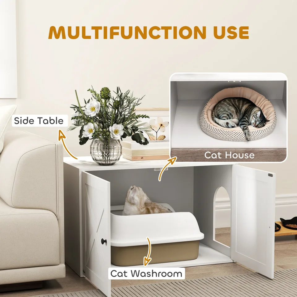 Cat Litter Box Enclosure with Barn Door, Cat Hole, 31.5" x 21" x 20", White view 4