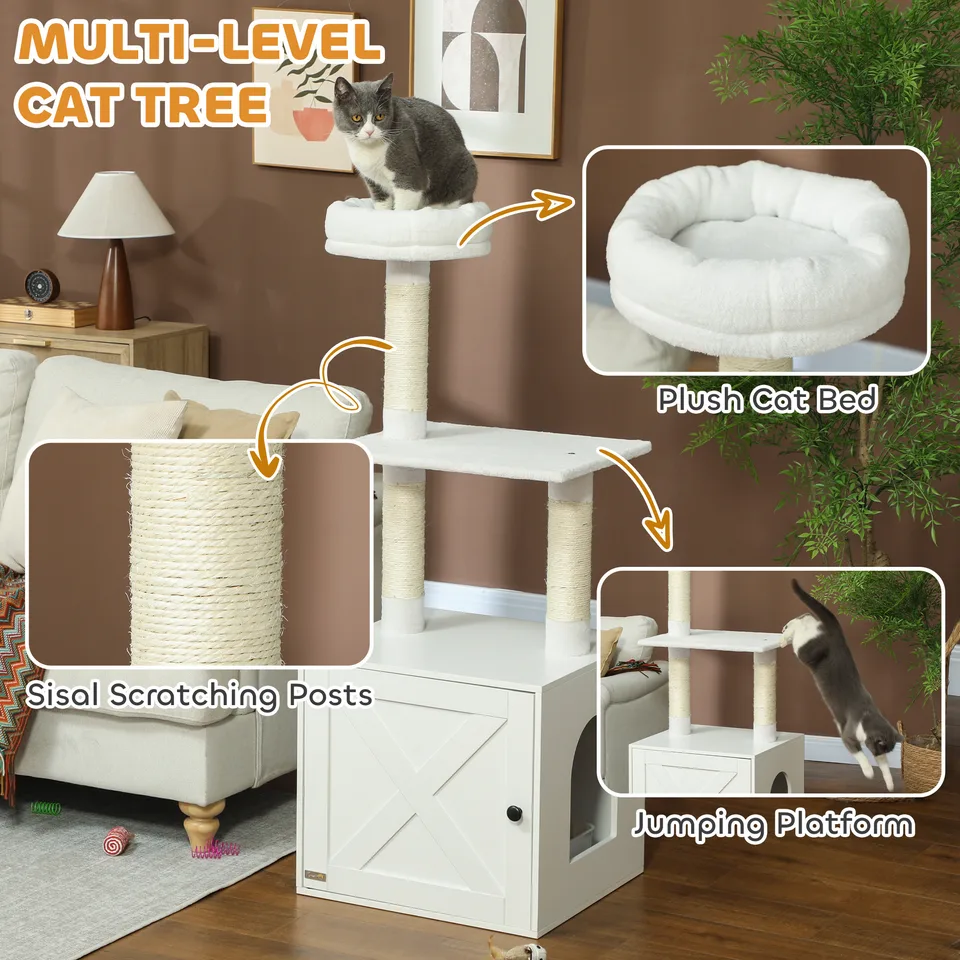 Cat Tree with Litter Box Enclosure, Scratching Posts, Bed, Climbing Platforms for Indoor Cats, White view 3