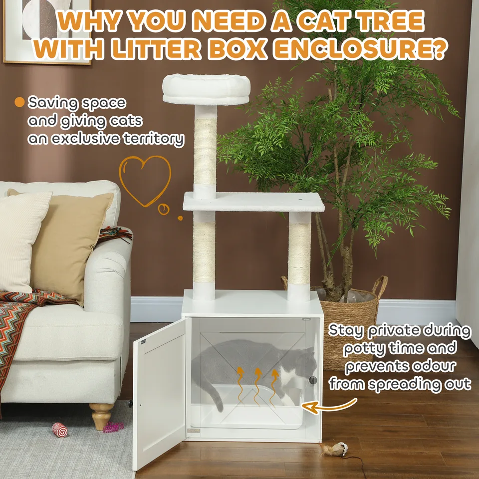 Cat Tree with Litter Box Enclosure, Scratching Posts, Bed, Climbing Platforms for Indoor Cats, White view 2