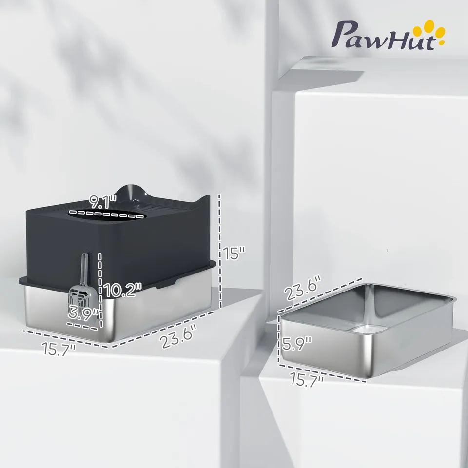 Extra Large Stainless Steel Litter Box, Enclosed Cat Litter Box with Scoop, Top Entrance, Non-slip Pads, Black view 3