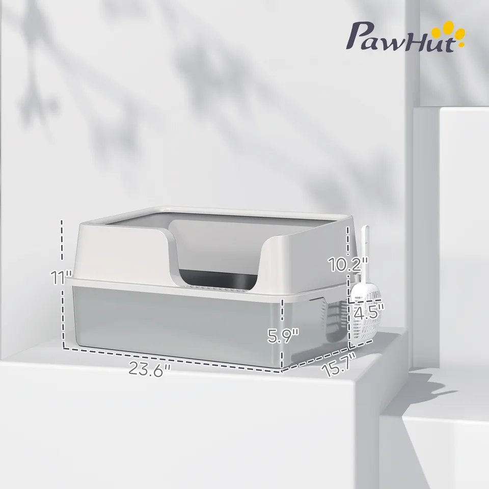 Stainless Steel Litter Box with High Side, Scoop, Easy Cleaning & Anti-Urine Leakage, for Big Cats, Light Gray view 3