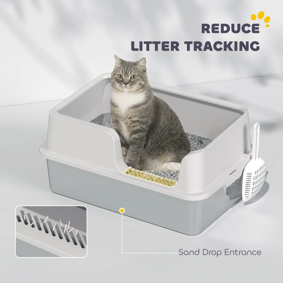 Stainless Steel Litter Box with High Side, Scoop, Easy Cleaning & Anti-Urine Leakage, for Big Cats, Light Gray view 2