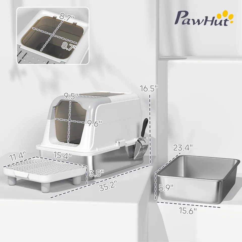 Extra Large Stainless Steel Litter Box, Enclosed Cat Litter Box with Scoop, Deodorizer Bag, Sand Drop Pedal view 2