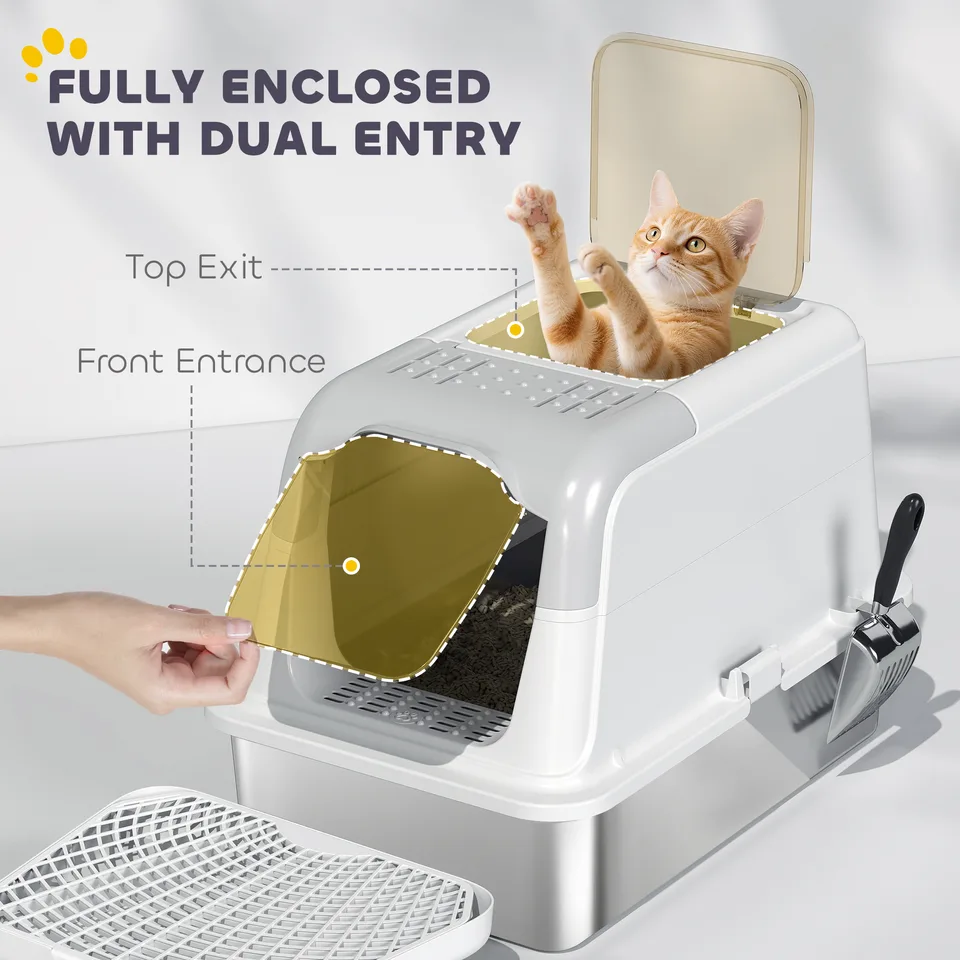 Extra Large Stainless Steel Litter Box, Enclosed Cat Litter Box with Scoop, Deodorizer Bag, Sand Drop Pedal view 3