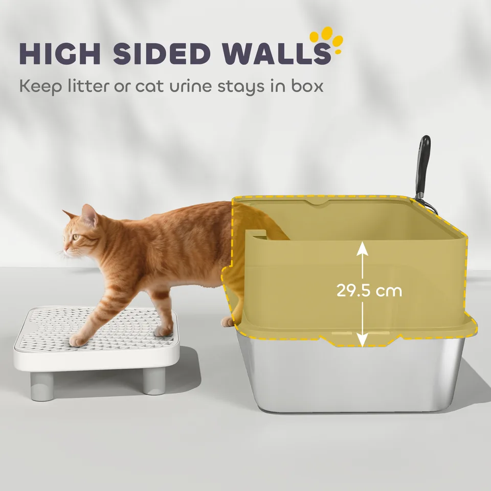 Stainless Steel Litter Box with High Sides, Metal Cat Litter Box with Scoop, Pedal, Anti-Urine Leakage, Non-Sticky view 3