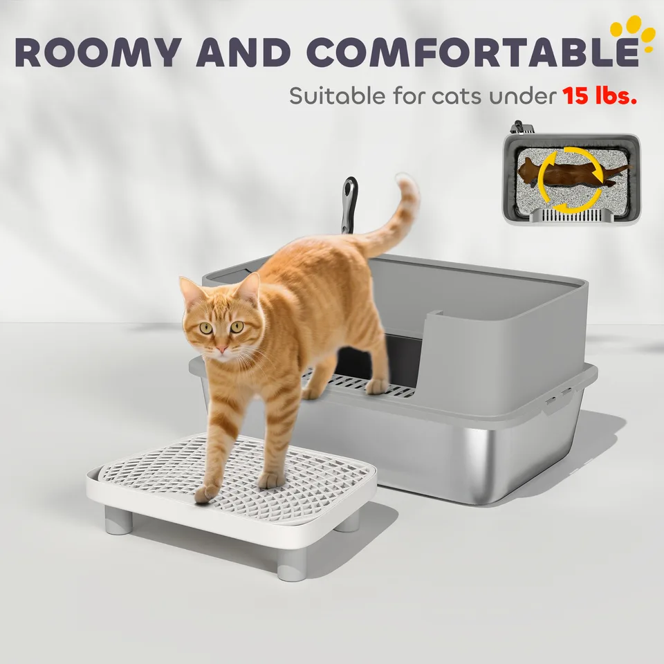 Stainless Steel Litter Box with High Sides, Metal Cat Litter Box with Scoop, Pedal, Anti-Urine Leakage, Non-Sticky view 2