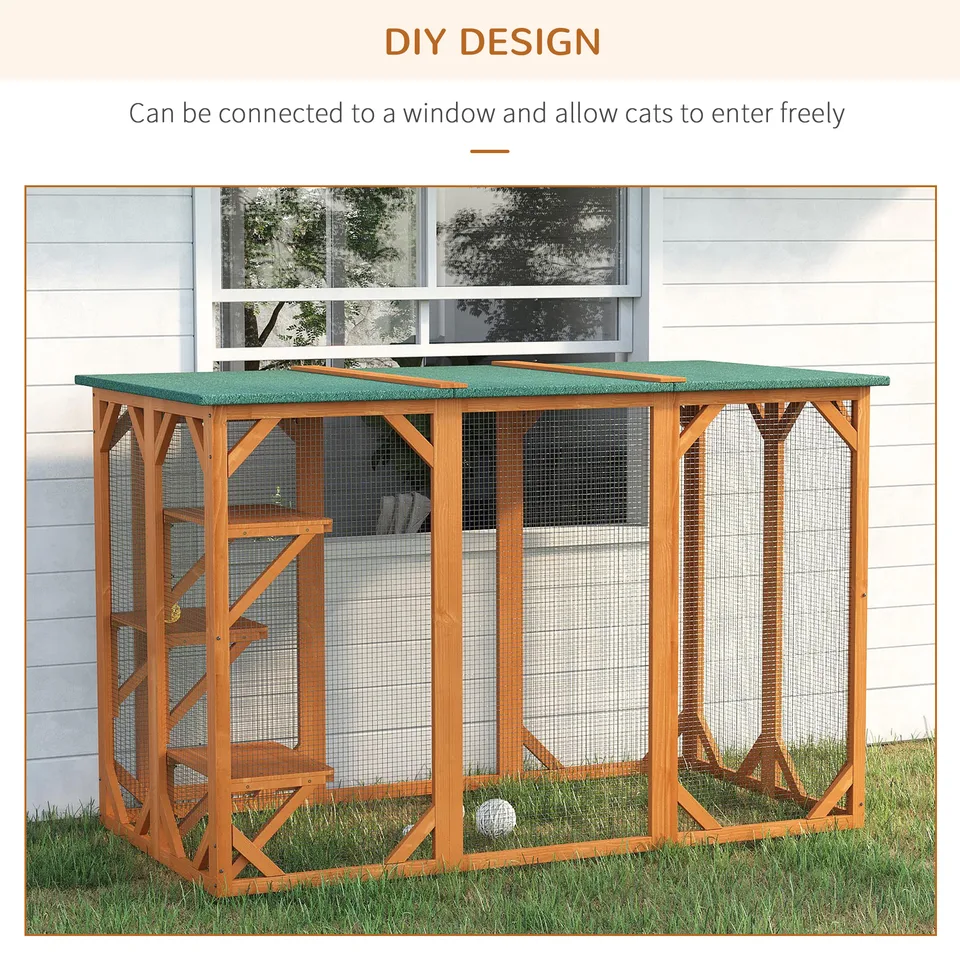 Outdoor Cat House, Catio Wooden Feral Cat Shelter, Cat Cage with Platforms, Large Enter Door, Weather Protection Asphalt Roof, 71" L, Orange view 2