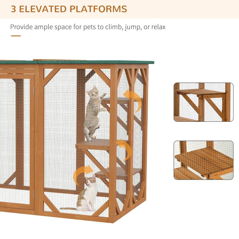 Outdoor Cat House, Catio Wooden Feral Cat Shelter, Cat Cage with Platforms, Large Enter Door, Weather Protection Asphalt Roof, 71" L, Orange view 3