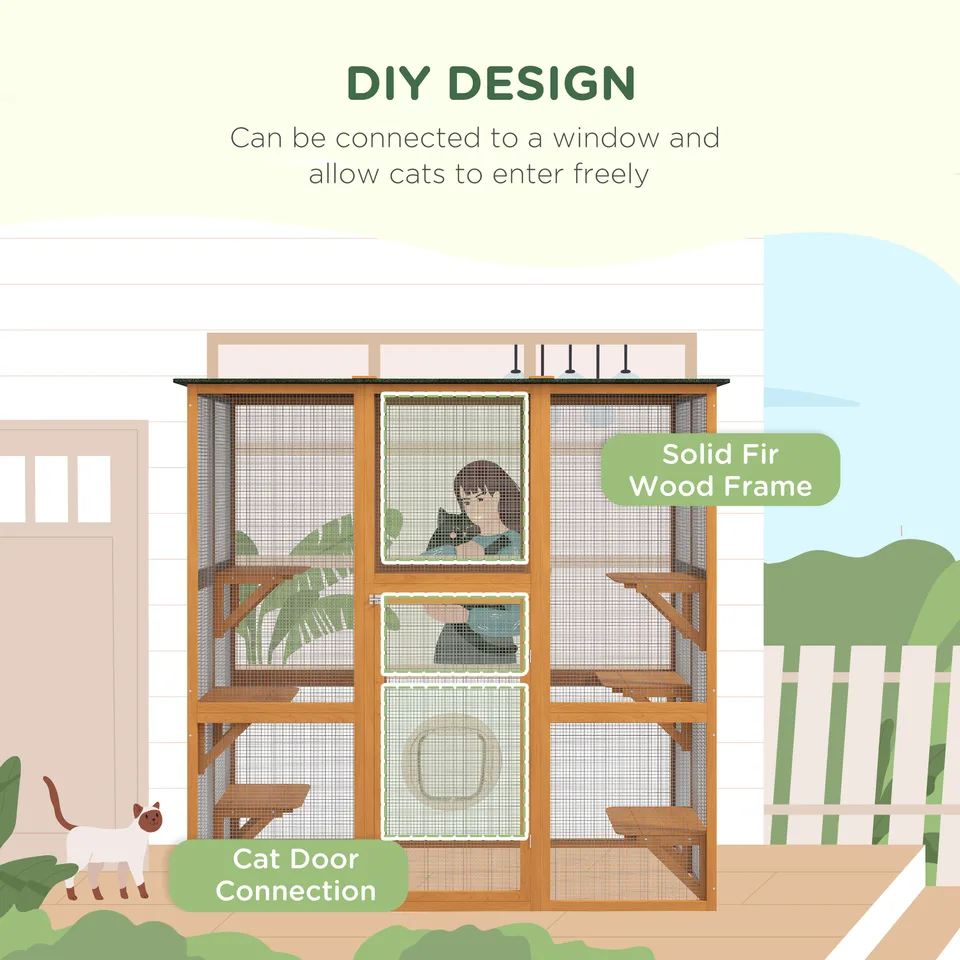 Outdoor Cat House Big Catio Wooden Feral Cat Shelter Enclosure with Large Spacious Interior, 6 High Ledges, Weather Protection Asphalt Roof view 3