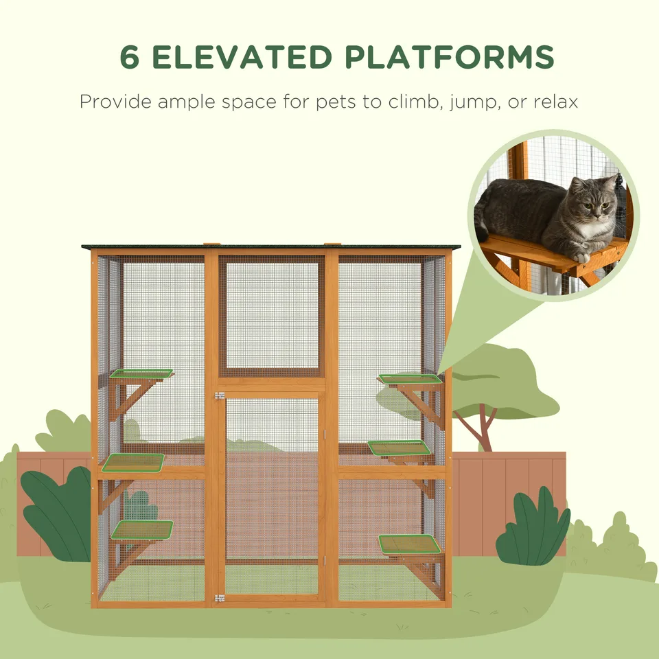 Outdoor Cat House Big Catio Wooden Feral Cat Shelter Enclosure with Large Spacious Interior, 6 High Ledges, Weather Protection Asphalt Roof view 2