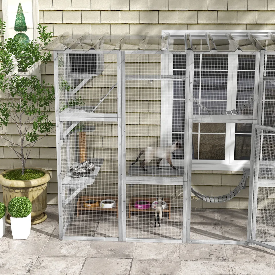 Catio Playground Cat Window Box Outside Enclosure for Multiple Cats w/ Shelves & Bridges, Gray view 4