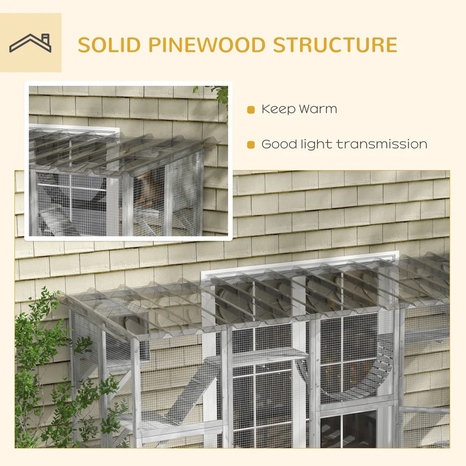 Catio Playground Cat Window Box Outside Enclosure for Multiple Cats w/ Shelves & Bridges, Gray view 3