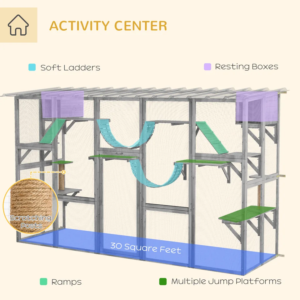 Catio Playground Cat Window Box Outside Enclosure for Multiple Cats w/ Shelves & Bridges, Gray view 2
