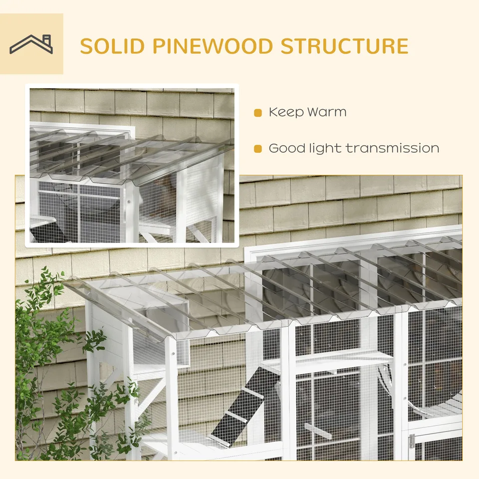 118" Large Outdoor Catio Cat Enclosure with Condos, Bridges & Posts, White view 2