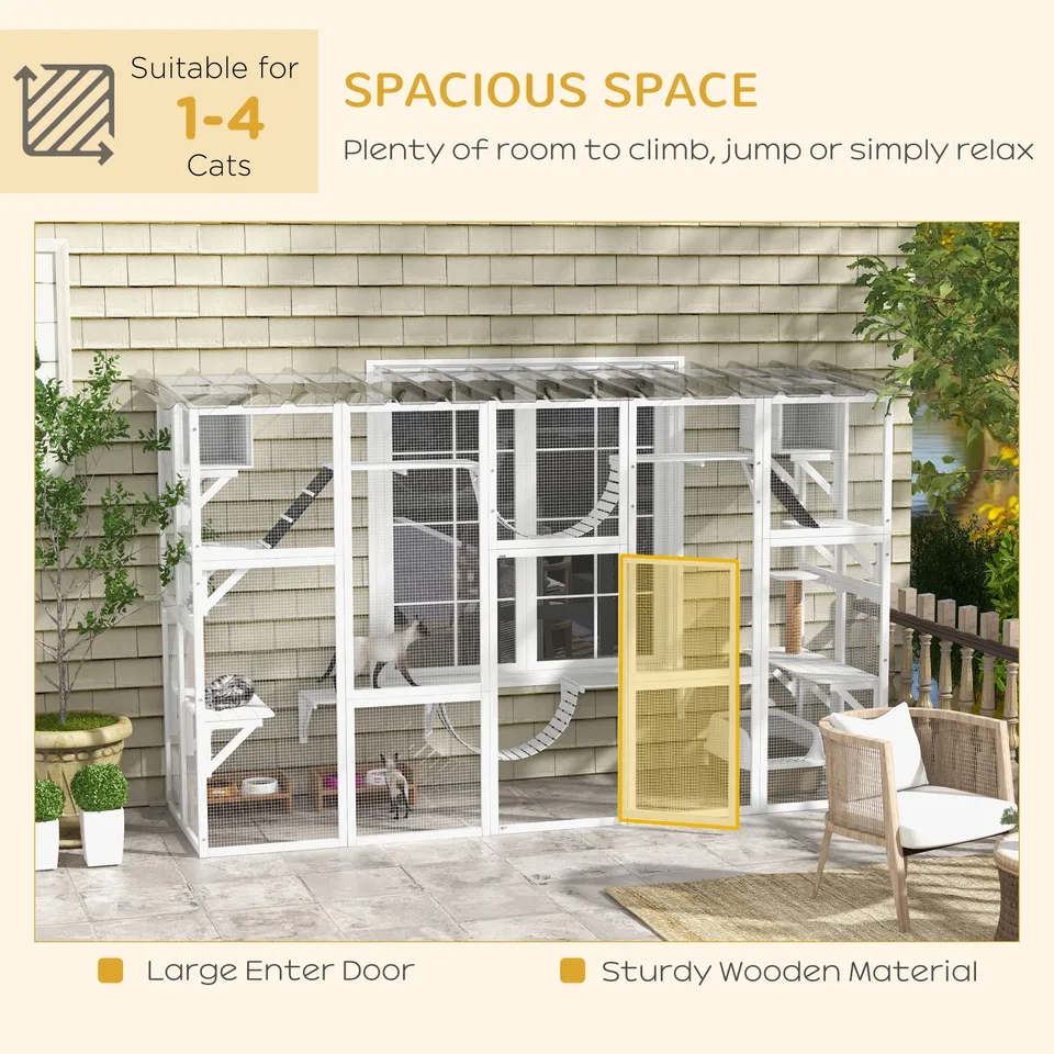 118" Large Outdoor Catio Cat Enclosure with Condos, Bridges & Posts, White view 3