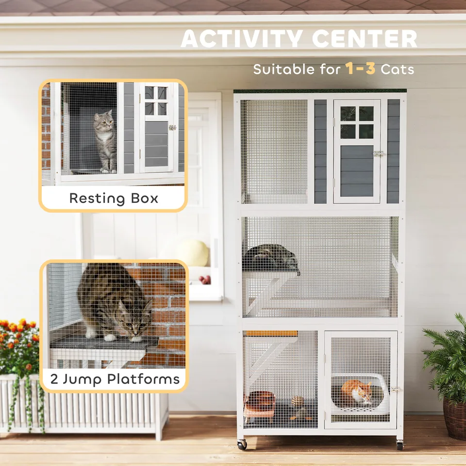 74" Wooden Catio Outdoor Cat Enclosure Weatherproof & Wheeled, Outside Cat House with High Weight Capacity, Kitten Cage Condo, White view 4