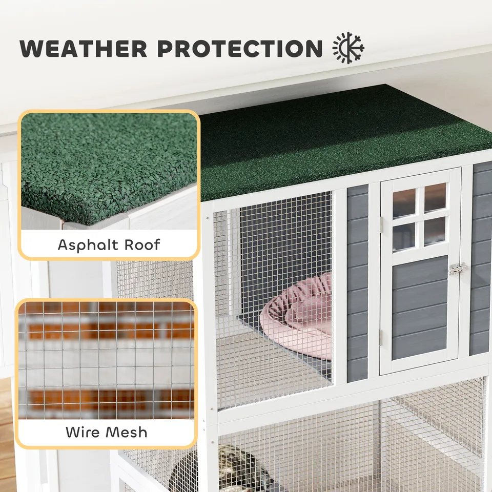 74" Wooden Catio Outdoor Cat Enclosure Weatherproof & Wheeled, Outside Cat House with High Weight Capacity, Kitten Cage Condo, White view 2