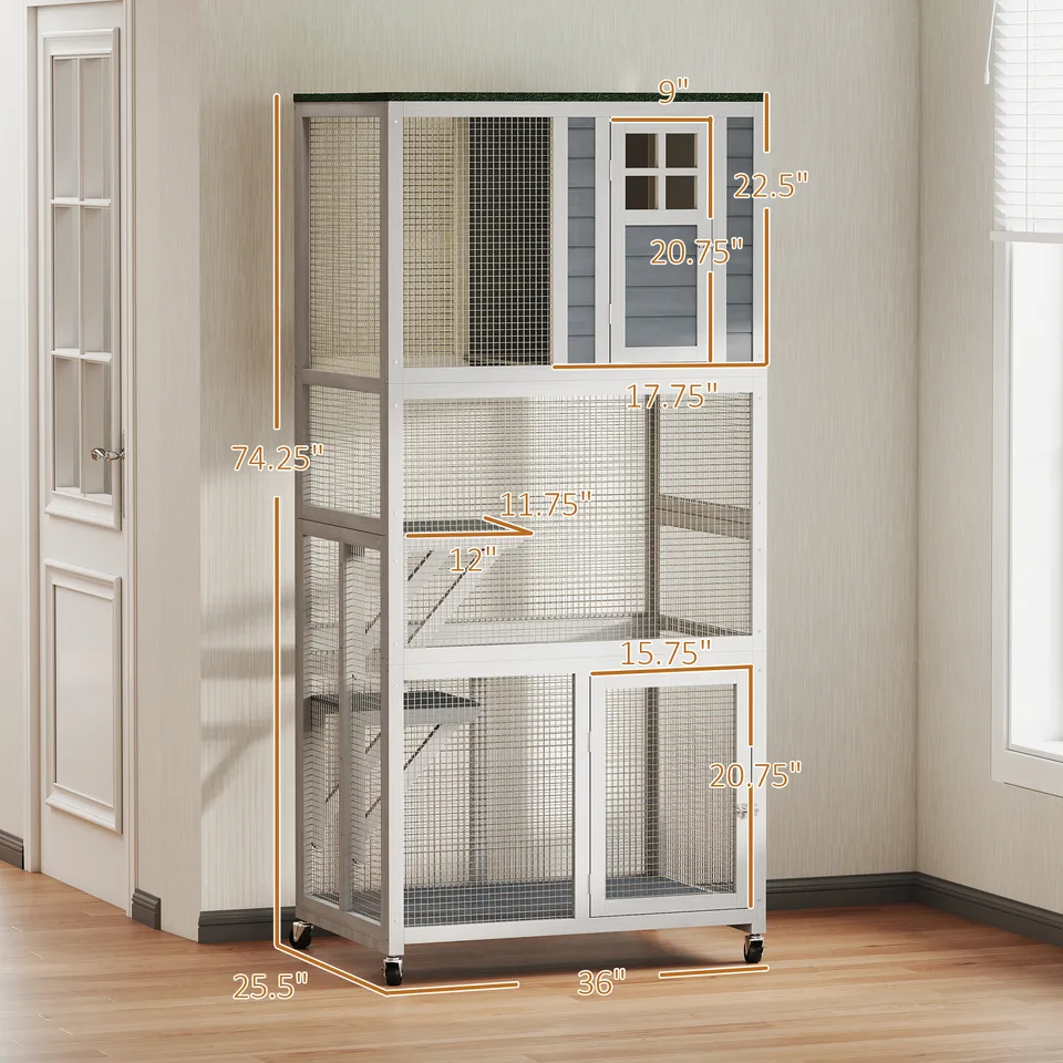 74" Wooden Catio Outdoor Cat Enclosure Weatherproof & Wheeled, Outside Cat House with High Weight Capacity, Kitten Cage Condo, White view 3