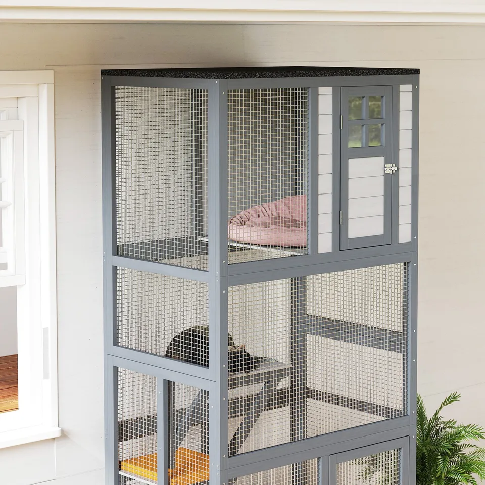 74" Wooden Outdoor Cat House Catio with High Weight Capacity, Cat Cage Condo, Dark Gray view 4